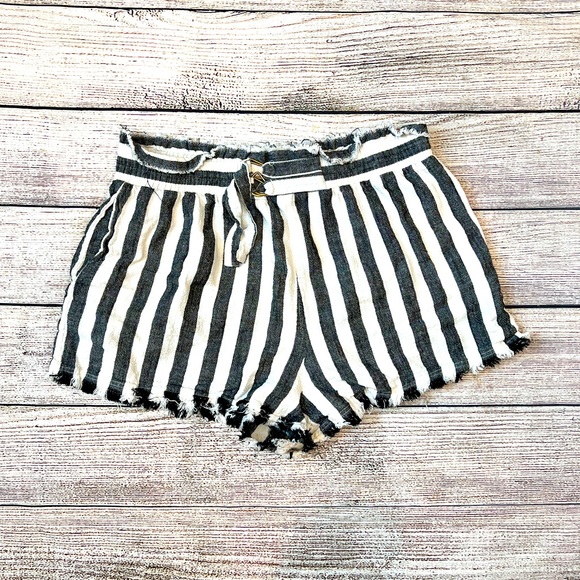 Umgee Pants - Striped Black and White High-Waist Tie Shorts